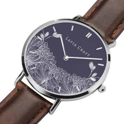 Minimalist Floral Chrysanthemum pattern Watch designed for women, it comes with silver case and brown genuine leather strap.