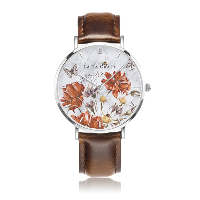 Vintage Floral garden pattern Watch designed for women, it comes with silver case and brown genuine leather strap.