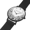 Minimalist monochrome Floral garden pattern Watch designed for women, it comes with black case and black stainless steel mesh strap.
